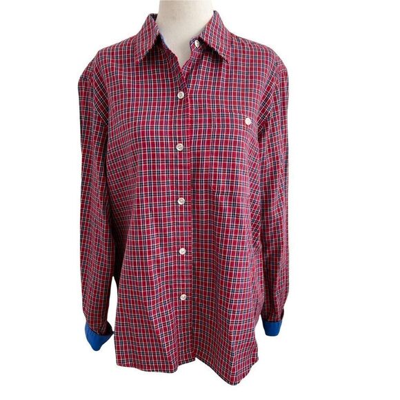 Liz Claiborne Liz Sport Red + Blue Cotton Plaid Long Sleeve Button Down Shirt M - Picture 1 of 8